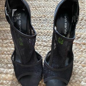 Black lace open toe heels